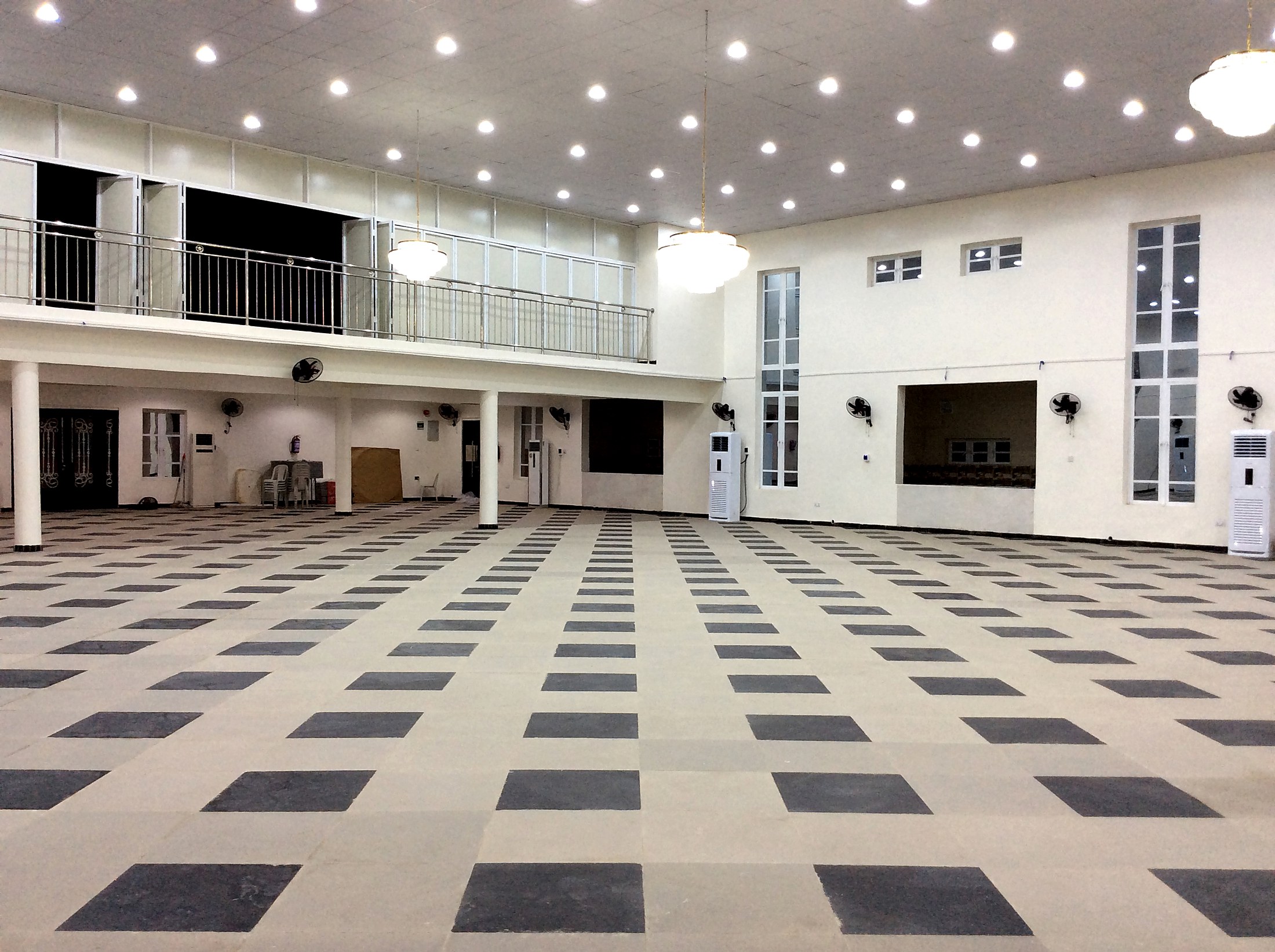 Grand hall with mezzanine balcony and starlit ceiling